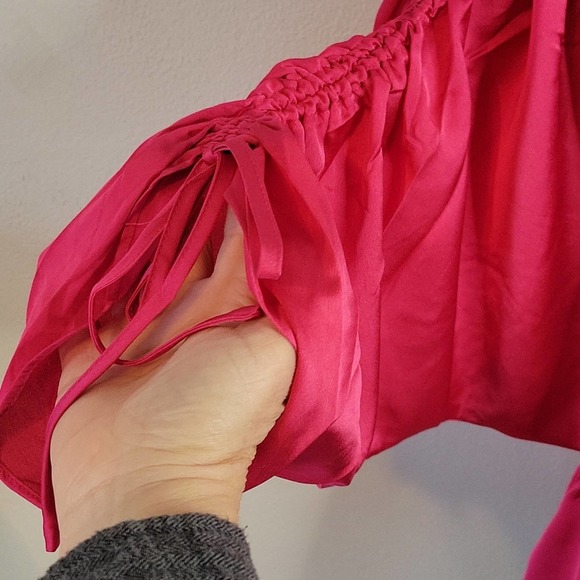 NWOT JOIE Satin Faux Wrap Ruched Dolman Sleeve peplum Blouse Pink Sz L, M - Picture 3 of 8